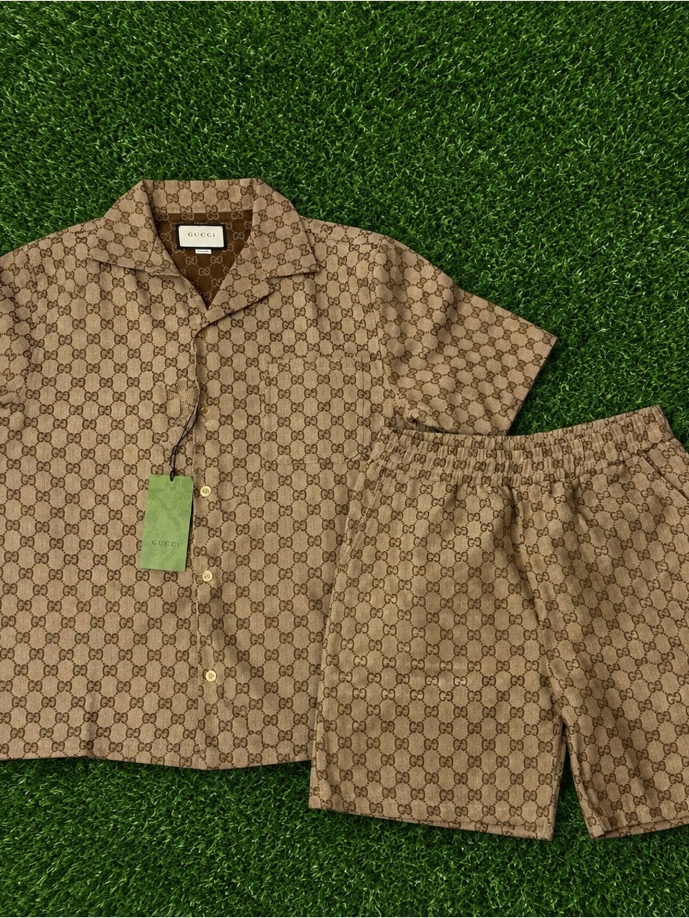 Gucci Beige Monogram Short-Sleeve Shirt and Matching Shorts
